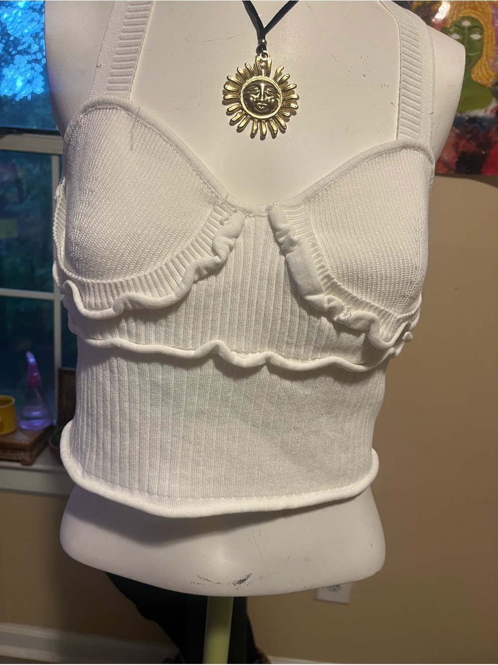 Women’s White Ruffle-Trim Ribbed Crop Tank